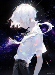  1boy black_pants black_ribbon closed_eyes collared_shirt commentary_request cowboy_shot from_side highres male_focus namiki_itsuki neck_ribbon original pants profile ribbon shirt short_hair short_sleeves sky solo standing star_(sky) starry_sky twitter_username white_hair white_shirt 