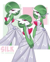  1girl absurdres character_name closed_mouth commentary dress english_commentary formal gardevoir green_hair grey_dress hair_over_one_eye highres looking_at_viewer nico-neko one_eye_covered own_hands_together pokemon pokemon_(creature) red_eyes short_hair smile strapless strapless_dress 