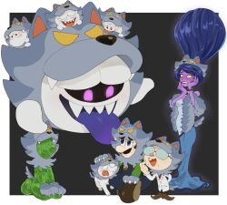  1girl 4boys animal_costume beehive_hairdo blue_overalls boo_(mario) brown_hair colored_skin dress eyelashes facial_hair feather_boa gem ghost gloves gooigi green_shirt hat hellen_gravely highres king_boo luigi luigi's_mansion luigi's_mansion_3 male_focus mimimi_(mimimim9999) multiple_boys mustache overalls polterpup professor_elvin_gadd purple_skin shirt short_hair super_mario_bros. tail wolf_costume wolf_mask 