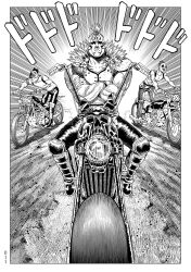  3boys bicycle commentary_request crossed_arms facepaint greyscale highres jacket leather leather_jacket leather_pants mad_max mad_max:_fury_road mohawk monochrome motor_vehicle motorcycle multiple_boys oosaki_takahito original pants parody riding riding_bicycle 