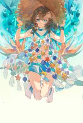  1girl :o absurdres anklet bare_arms bare_shoulders barefoot bird_of_paradise_flower blue_background blue_bow blue_choker blue_eyes blue_shorts bow bracelet brown_hair choker fish_background fishnet_dress flower full_body hair_ornament hairclip hat highres jewelry jumping legs_up looking_at_viewer marcus_(reverse:1999) medium_hair meiyou_lizhi orange_flower reverse:1999 shell shorts solo starfish straight-on strapless straw_hat sun_hat tube_top two-tone_background very_low_bun white_tube_top wrist_bow yellow_background 