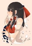  1girl ascot bare_shoulders black_hair bow detached_sleeves hair_bow hair_tubes hakurei_reimu laspberry. medium_hair nontraditional_miko open_mouth red_bow red_eyes red_vest sidelocks touhou upper_body vest white_sleeves wide_sleeves 