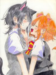  2girls animal_ears asanagi_yori black_dress black_hair blush bow bowtie cat_ears cat_girl cat_tail closed_eyes closed_mouth collared_shirt colored_pencil_(medium) commentary dog_ears dog_girl dog_tail dress facing_another grey_sweater_vest half_up_braid hashtag-only_commentary highres kemonomimi_mode kino_himari long_hair multiple_girls open_mouth orange_hair pinafore_dress red_bow red_bowtie ritsu_tainaka_(ricchan10) sasayaku_you_ni_koi_wo_utau scan school_uniform scratching_chin shirt short_hair short_sleeves sidelocks sleeveless sleeveless_dress striped_bow striped_bowtie striped_clothes sweater_vest tail traditional_media upper_body white_background white_shirt yuri 