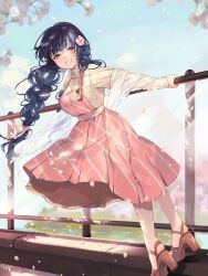  1girl absurdres blue_hair blue_sky blush braid brown_eyes brown_footwear cherry_blossoms day dress floral_print flower grin hair_flower hair_ornament hair_ribbon high_heels highres idolmaster idolmaster_million_live! kitakami_reika leaning_forward long_hair long_sleeves looking_at_viewer medium_dress nys open_clothes open_shirt outdoors petals pink_dress pink_flower pink_ribbon ribbon see-through see-through_shirt shirt shirt_tucked_in shoes sky sleeveless sleeveless_dress smile solo standing striped_clothes striped_dress yellow_shirt 