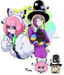  1boy 1girl avery_(pokemon) bangs black_headwear black_jabot blonde_hair blue_eyes closed_mouth collared_shirt commentary_request dynamax_band flying_sweatdrops frown fur_jacket glasses hand_up hat jabot jacket klara_(pokemon) korean_text long_hair looking_at_viewer mole mole_under_mouth multiple_views pink_hair pink_lips poke_ball poke_ball_(basic) pokemon pokemon_(game) pokemon_swsh rnehrdyd1212 round_eyewear shirt shorts smile top_hat translation_request white_jacket 