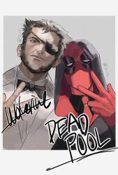  2boys beard bow bowtie character_name closed_mouth deadpool deadpool_&amp;_wolverine deadpool_(series) eyepatch facial_hair formal gloves highres hood hood_up jacket lia_ria long_sleeves looking_at_viewer male_focus marvel marvel_cinematic_universe mask mature_male multiple_boys muscular necktie official_alternate_costume red_mask red_necktie shirt short_hair suit v wolverine_(x-men) x-men 