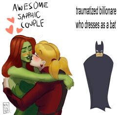  1boy 2girls absurdres batman batman_(series) black_bodysuit black_lips blonde_hair blush bodysuit colored_skin dc_comics earrings english_text from_side frown green_skin harley_quinn heart heart_earrings highres jewelry long_hair looking_at_viewer mausinner meme multiple_girls pale_skin poison_ivy red_bodysuit redhead twintails yuri 