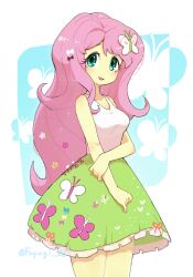  1girl absurdres animal_print bare_arms bare_shoulders breasts butterfly_hair_ornament butterfly_print collarbone colored_skin cowboy_shot cross-laced_clothes cross-laced_skirt fluttershy fluttershy_(equestria_girls) frilled_skirt frills green_eyes green_skirt hair_ornament hand_on_own_arm highres long_hair looking_at_viewer my_little_pony my_little_pony:_equestria_girls my_little_pony:_friendship_is_magic nendo23 open_mouth pink_hair simple_background skirt smile solo tank_top very_long_hair white_tank_top yellow_skin 