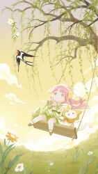  1girl artist_request bird brown_eyes brown_footwear cat chinese_commentary chinese_text clouds commentary_request day dress flower grass green_dress hat highres light_smile momo_(nikki) nikki_(nikki) nikki_(series) official_art outdoors pink_hair second-party_source shining_nikki signature sunlight swing swinging translation_request tree white_cat yellow_cloak 