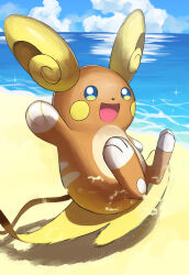  :d absurdres alolan_raichu blue_eyes bright_pupils clouds day happy highres jira_(ziraiya26) no_humans open_mouth outdoors pokemon pokemon_(creature) sand shore sky smile solo sparkle water white_pupils 