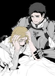  2boys armor armored_gloves black_background black_gloves black_hair blonde_hair breastplate commentary_request crying crying_with_eyes_open dion_lesage final_fantasy final_fantasy_xvi frilled_sleeves frills getting_up gloves grey_eyes grimace hand_on_another&#039;s_arm hand_on_another&#039;s_back hands_on_own_head highres knight lower_teeth_only male_focus megubiru motion_lines multiple_boys open_mouth pauldrons short_hair shoulder_armor sweat sweatdrop tears teeth terrence_(ff16) trembling under_covers upper_body veins veiny_hands wide-eyed yellow_eyes 