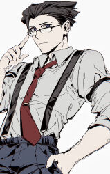  1boy ace_attorney adjusting_eyewear alternate_costume black_hair black_pants blue_eyes collared_shirt cowboy_shot dress_shirt formal hand_in_pocket highres long_sleeves looking_at_viewer male_focus necktie page59 pants phoenix_wright red_necktie semi-rimless_eyewear shirt shirt_tucked_in short_hair simple_background sleeves_rolled_up smile suspenders upper_body white_background white_shirt 