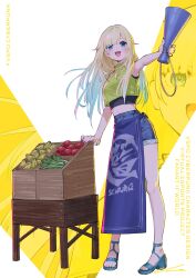  1girl absurdres aizawa_ema alternate_costume apron blonde_hair blue_footwear blue_hair crop_top denim denim_shorts food fruit funnel gradient_hair highres midriff multicolored_hair nail_polish nemoto_yuuma open_mouth pink_nails sandals shirt shorts sleeveless sleeveless_shirt table vegetable virtual_youtuber vspo! waist_apron wooden_box wooden_table 