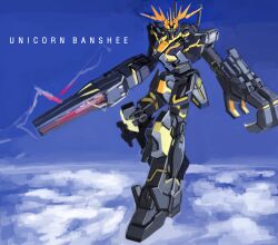  aiki_(rlaxorbs) beam_cannon beam_rifle character_name clouds commentary_request earth_federation energy_gun english_text flying gundam gundam_unicorn highres mecha mecha_focus mobile_suit no_humans nt-d realistic robot scene_reference science_fiction unicorn_gundam_banshee v-fin weapon 