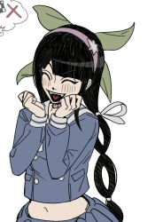  1girl :d bell black_hair blue_shirt blue_skirt blunt_bangs blush buttons chabashira_tenko choker closed_eyes closed_mouth danganronpa_(series) danganronpa_v3:_killing_harmony double-breasted drill_hair fangs green_ribbon hair_ribbon hairband hands_up heart long_hair miri_(bossu_osu) navel neck_bell pale_skin pink_choker pink_hairband ribbon shirt simple_background skirt smile solo stomach teeth upper_teeth_only white_background white_ribbon 