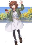  1girl belt black_legwear brown_eyes brown_hair can canned_coffee dress full_body green_jacket hair_flaps hairband highres holding jacket kantai_collection official_alternate_costume pantyhose red_hairband shiratsuyu_(kancolle) solo sugue_tettou waving white_dress 