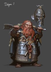  1boy armor axe beard boots brown_footwear dwarf facial_hair fantasy full_body grey_background helmet holding holding_axe long_beard mischeviouslittleelf original redhead simple_background solo standing unworn_headwear unworn_helmet 