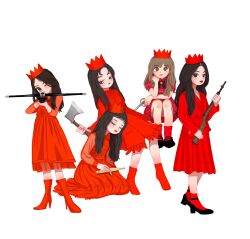  5girls black_hair blunt_bangs boots brown_hair commentary_request crown dress full_body gun high_heel_boots high_heels highres holding holding_gun holding_weapon irene_(red_velvet) joy_(red_velvet) k-pop korean_commentary long_dress multiple_girls pikaristar real_life red_dress red_lips red_socks red_velvet_(group) seulgi_(red_velvet) simple_background sitting socks solo weapon wendy_(red_velvet) white_background yeri_(red_velvet) 