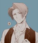  1boy ace_attorney bangs chizuma eyes_visible_through_hair hand_up hickey looking_at_viewer male_focus miles_edgeworth open_clothes open_collar open_vest parted_bangs partially_colored solo speech_bubble vest 