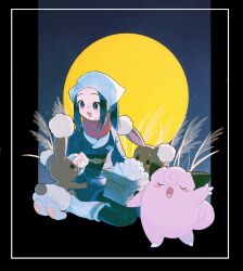  1girl absurdres akari_(pokemon) black_hair clefairy closed_eyes commentary dango fang food full_moon galaxy_expedition_team_survey_corps_uniform head_scarf highres holding lopunny mochi moon night odashi_(namiri) open_mouth pokemon pokemon_(creature) pokemon_legends:_arceus red_scarf scarf sitting susuki_grass symbol-only_commentary tsukimi tsukimi_dango u_u wagashi 
