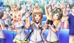  6+girls aisaka_koko arm_up baseball_cap baseball_uniform black-framed_eyewear black_hair black_shirt blonde_hair blue_shirt bow brown_eyes camera chiba_lotte_marines cinderella_series clenched_hands clenched_teeth collared_shirt crowd eyewear_on_head flag game_cg glasses green_eyes green_hair green_shirt green_shorts green_skirt hachigatsu_no_cinderella_nine hair_bobbles hair_bow hair_ornament hat highres holding holding_camera holding_flag light_brown_hair light_rays long_hair looking_at_another looking_at_viewer low_twintails multiple_girls nakano_ayaka naoe_tayu nippon_professional_baseball non-web_source official_art open_mouth outstretched_arm over-rim_eyewear red_bow red_eyes red_shirt round_eyewear semi-rimless_eyewear shirt short_hair short_sleeves shorts skirt sportswear standing striped_clothes sunbeam sunlight teeth towel towel_around_neck twintails vertical-striped_clothes wavy_hair white_shirt white_skirt white_wristband yellow_shirt 