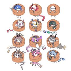  arknights bird_tail chibi chong_yue_(arknights) demon_tail doughnut dragon_boy dragon_girl dragon_horns dragon_tail dusk_(arknights) eastern_dragon_tail fiammetta_(arknights) food halo highres holding_calligraphy holding_rice_cooker horns jie_(arknights) ling_(arknights) mooncake mostima_(arknights) multicolored_hair multiple_boys multiple_girls nian_(arknights) non-web_source purple_horns shu_(arknights) tail wang_(arknights) zhi_(arknights) 