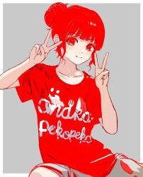 1girl happy original print_t-shirt r red_eyes red_hair red_pants red_t-shirt redhead smile t-shirt v