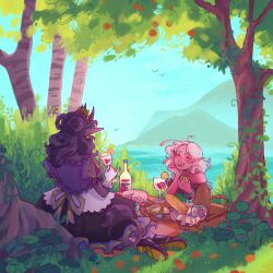  2girls ahoge alcohol anglerfish black_hair black_skin blouse bow-shaped_hair bread cake colored_skin commentary cup drinking_glass english_commentary fins fish food formal grass head_fins heart heart_ahoge highres holding horns leaf long_hair medium_hair mermaid minecraft_youtube monster_girl multiple_girls nature nihachu origins_smp outdoors painstarrr pink_hair pink_skin pointy_ears princess ranboo ranboo_(enderian) red_wine ribbon sandwich shirt shoes skirt sky tail tiara tree water wine wine_glass 