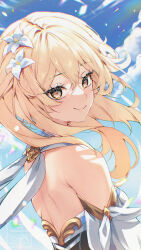  1girl absurdres azuukichan blonde_hair brown_eyes closed_mouth day detached_sleeves floating_hair flower from_side genshin_impact hair_flower hair_ornament highres long_hair looking_at_viewer lumine_(genshin_impact) outdoors shoulder_blades smile solo upper_body white_flower white_sleeves 