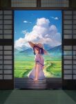  1girl arm_support bangs black_hair blue_eyes blue_sky bob_cut clouds cover_image cumulonimbus_cloud day dirt_road dress field from_behind grass hat hiiragi_ache looking_back mountain nature novel_illustration official_art outdoors pink_dress puffy_short_sleeves puffy_sleeves road scenery short_hair short_sleeves shouji sitting sky sliding_doors smile solo straw_hat textless veranda white_dress yasumo_(kuusouorbital) 