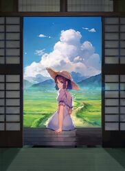  1girl arm_support bangs black_hair blue_eyes blue_sky bob_cut clouds cover_image cumulonimbus_cloud day dirt_road dress field from_behind grass hat hiiragi_ache looking_back mountain nature novel_illustration official_art outdoors pink_dress puffy_short_sleeves puffy_sleeves road scenery short_hair short_sleeves shouji sitting sky sliding_doors smile solo straw_hat textless veranda white_dress yasumo_(kuusouorbital) 