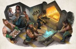  4boys 4girls anvil arm_tattoo beard belt black_belt black_footwear black_hair black_pants black_vest blacksmith_tongs blonde_hair blue_shirt boots braid braided_beard brown_gloves cat dark-skinned_male dark_skin dungeons_&amp;_dragons dwarf facial_hair fire food forge full_beard glasses gloves hammer highres holding holding_hammer holding_tongs holding_tray long_beard looking_at_another mike_pape multiple_boys multiple_girls oven_mitts pants round_eyewear shirt sleeveless sleeveless_shirt standing tattoo tongs tray vest white_hair white_shirt 