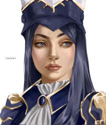  1girl arcane:_league_of_legends ascot black_hair caitlyn_(league_of_legends) closed_mouth gem gust_(gustdrw) highres league_of_legends long_hair portrait shiny_lips simple_background solo white_ascot white_background 