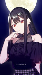  1girl bare_shoulders black_hair chihara_mai closed_mouth copyright_notice dot_mouth earrings frilled_shirt frills full_moon hair_between_eyes hand_on_own_cheek hand_on_own_face highres jewelry jirai_nan_desu_ka?_chihara-san looking_at_viewer moon night plaid_clothes plaid_skirt red_eyes ryon_(ryonhei) shirt short_sleeves sidelocks skirt solo upper_body 