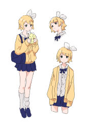  1girl bag blonde_hair bow bowtie cardigan collared_shirt cropped_legs cropped_shoulders drinking drinking_straw full_body green_eyes hair_bow hair_ornament hairclip highres holding kagamine_rin long_sleeves milk_carton multiple_views pleated_skirt school_bag school_uniform shirt short_hair skirt socks vocaloid yakkl 