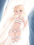  1girl blonde_hair blue_eyes bra breasts collarbone highres kanda_kaname lingerie long_hair multi-strapped_panties navel original panties sidelocks small_breasts thigh-highs underwear white_bra white_legwear white_panties 