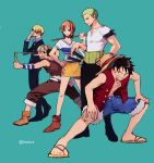  :d afro aiming black_hair blonde_hair formal fur-trimmed_shorts fur_trim green_hair grin hands_on_own_knees haramaki meiji_(pecosyr5) miniskirt monkey_d._luffy nami_(one_piece) one_piece open_clothes open_shirt orange_hair roronoa_zoro sandals sanji short_hair short_sleeves shorts simple_background skirt sleeveless smile smoking suit usopp 