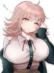  1girl blush breasts brown_hair collared_shirt danganronpa_(series) danganronpa_2:_goodbye_despair flipped_hair galaga hair_ornament hood ikemen&#039;na_ore-shi jacket large_breasts long_sleeves looking_at_viewer medium_hair nanami_chiaki neck_ribbon open_clothes open_jacket pink_eyes pink_ribbon pleated_skirt ribbon shirt skirt sleepy solo white_shirt 