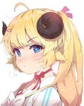  1girl :t ahoge andychen animal_ears bangs blonde_hair blue_eyes blush bow bowtie choker eyebrows_visible_through_hair from_side hair_ornament hairclip highres hololive horns long_hair looking_at_viewer looking_to_the_side portrait pout red_choker ribbon_choker sailor_collar sheep_ears sheep_girl sheep_horns simple_background solo tsunomaki_watame v-shaped_eyebrows white_background white_bow white_bowtie white_sailor_collar 