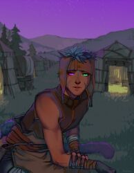  1boy aevi animal_ears blue_hair cat_boy cat_ears commentary english_commentary fingerless_gloves fire_emblem fire_emblem:_path_of_radiance fire_emblem:_radiant_dawn gloves green_eyes heterochromia highres laguz_(fire_emblem) male_focus night outdoors parted_lips ranulf_(fire_emblem) short_hair sitting sleeveless solo star_(sky) tail tent violet_eyes 