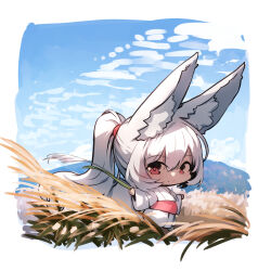  1girl absurdly_long_hair animal_ear_fluff animal_ears barefoot blue_sky closed_mouth clouds commentary_request day field fox_ears fox_girl fox_tail grey_hair hair_between_eyes highres holding japanese_clothes kimono long_hair long_sleeves mountain obi original ponytail red_eyes sash silver_fox_girl_(yuuji_(yukimimi)) sky smile solo tail very_long_hair walking white_kimono wide_sleeves yuuji_(yukimimi) 