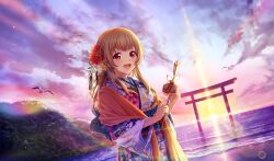  1girl :d arrow_(projectile) beach bird cinderella_series clouds cowboy_shot dutch_angle film_grain floral_print_kimono flower from_side game_cg hachigatsu_no_cinderella_nine hair_flower hair_ornament hamaya haori highres holding holding_arrow japanese_clothes lens_flare light_brown_hair light_particles light_rays long_hair looking_at_viewer naoe_tayu non-web_source obi ocean official_alternate_hairstyle official_art red_eyes sash seagull sky smile solo standing torii 