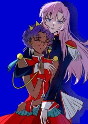  2girls aiguillette arm_around_shoulder bindi black_jacket blue_background blue_eyes chinese_commentary closed_eyes closed_mouth commentary_request dark-skinned_female dark_skin dress epaulettes glasses highres himemiya_anthy jacket long_hair long_sleeves multiple_girls parted_lips partial_commentary pink_hair purple_hair quanzouweibangbangtang red_dress shoujo_kakumei_utena simple_background sleeveless sleeveless_dress tenjou_utena white_sleeve_cuffs yuri 