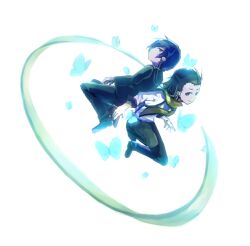  2boys back-to-back black_eyes black_hair black_jacket black_pants blue_butterfly bug butterfly closed_mouth full_body headphones hemosuke jacket male_focus mochizuki_ryouji multiple_boys pants persona persona_3 shirt short_hair simple_background smile white_background white_shirt yuuki_makoto_(persona_3) 