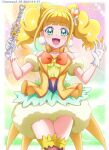  1girl :d arm_scrunchie bangs blonde_hair blunt_bangs bow bowtie choker collarbone cowboy_shot cure_sparkle earrings eyebrows_visible_through_hair gloves green_eyes hair_cones hanzou healin&#039;_good_precure highres holding jewelry long_hair looking_at_viewer orange_bow orange_bowtie precure shiny shiny_hair smile solo standing twintails white_gloves yellow_choker 
