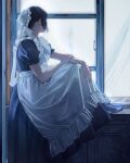  1girl apron black_dress blue_dress brown_hair commentary dress facing_away hat holding_own_arm knee_up long_dress maid maid_apron meido-fuku_ga_mitai mob_cap original photo-referenced puffy_short_sleeves puffy_sleeves short_hair short_sleeves sitting solo window windowsill 