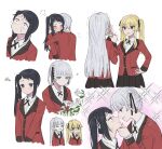  4girls @_@ anger_vein aqua_eyes ayasuba_love black_hair blonde_hair blush character_request closed_eyes closed_mouth commentary eye_contact eyebrows_visible_through_hair flower hand_on_another&#039;s_chin highres hug hyakkaou_academy_uniform igarashi_sayaka kakegurui looking_at_another mask momobami_kirari momobami_ririka multiple_girls parted_lips saotome_meari white_hair yellow_eyes yuri 