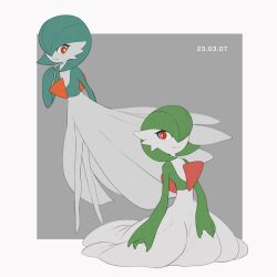  alternate_color blue_hair blue_skin bob_cut colored_skin dress gardevoir gardevoir_day green_hair green_skin grey_background highres hotarubi_(bugkhdu) multicolored_skin pink_eyes pokemon pokemon_(creature) shiny_pokemon simple_background two-tone_skin white_dress white_skin 