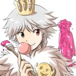  2boys bangs black_eyes chewing_gum commentary_request crown eyebrows_visible_through_hair full_body fur_collar gameplay_mechanics grin head_wings heterochromia holding holding_paintbrush looking_at_another looking_back male_focus multiple_boys natsuya_(kuttuki) paintbrush painted ragnarok_online red_eyes rune_knight_(ragnarok_online) shadow_chaser_(ragnarok_online) short_hair simple_background smile smiley_face upper_body visor_(armor) white_background 