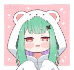  1girl blush eyebrows_visible_through_hair green_hair hair_ornament hololive hood hoodie kukie-nyan looking_at_viewer red_eyes solo uruha_rushia virtual_youtuber 